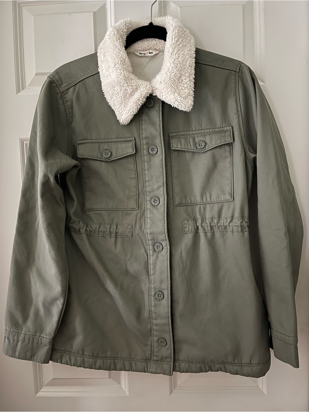 Hang Ten Women's Utility Jacket Fleece Lined Sherpa Collar Olive Green coat